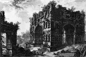 L'Arco di Giano e, a sinistra, l'Arco degli Argentari, in un'incisione di GIOVAN BATTISTA PIRANESI (terzo quarto del XVIII secolo)