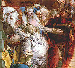 GIOVAN BATTISTA TIEPOLO, L'incontro di Antonio e Cleopatra, particolare, affresco, 1746-1747 (Venezia, Ca' Labia)