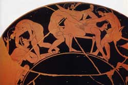 Esterno di coppa attica a figure rosse con scena orgiastica, 510 a.C., attribuita al  Pittore di Pedieus (Paris, Muse du Louvre)