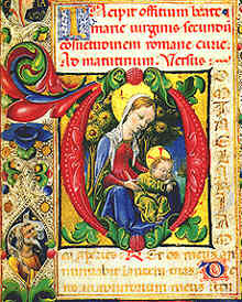 Iniziale D con Madonna con Bambino dormiente, folio 13r, del "Libro d'ore" miniato tra 1461 e 1463 da TADDEO CRIVELLI (New York, The Pierpont Morgan Library, MS M.227)