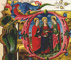 Iniziale D minuscola con Tre Sante Vergini, folio 168r del Graduale dei Proprio dei Santi, circa 1470 (Abbazia di Montecassino, Archivio privato, Corale di San Pietro di Modena n.13)