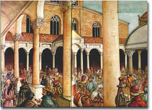 Mercato, con banchi di vendita e taverne, che si teneva dentro il quadriportico dell'antica basilica di San Pietro ancora agli inizi del XV secolo