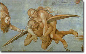 LUCA SIGNORELLI, Demonio con fanciulla  sulla schiena, particolare dell'affresco con "I dannati", 1499-1502 (Orvieto, Duomo - Cappella di San Brizio)