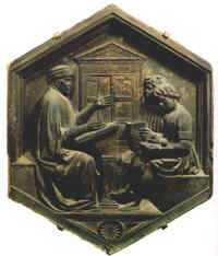 LUCA DELLA ROBBIA, La Grammatica, formella del Campanile del Duomo, 1437-1439 (Firenze, Museo dell'Opera del Duomo) 
