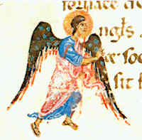 Iniziale A di "Angelus" istoriata con figura di Angelo nella cosiddetta "Bibbia bizantina",  XII o XIII secolo (Biblioteca Guarneriana, San Daniele del Friuli)  