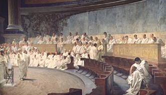 CESARE MACCARI, Cicerone e Catilina, affresco, dopo 1880 (Roma, Palazzo Madama-Senato della Repubblica)