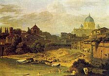 Isaac de Moucheron, Veduta di Roma dal Tevere con bagnanti con l'Ospedale di Santo Spirito e San Pietro, 1695-1697 (Roma, Collezione privata)