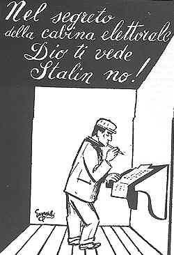 Vignetta di Enrico Guareschi  (creatore di Don Camillo e Peppone) sulle elezioni; pubblicata su "Mondo candido" dell'11 aprile 1948