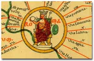 Personificazione di Roma nella "Tabula Peutingeriana", un lungo rotolo di pergamena (cm 682 x 34) copia medievale di una mappa militare romana del III secolo d.C.