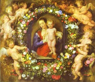 PIETR PAUL RUBENS - JAN BRUEGHEL IL VECCHIO, Madonna col Bambino entro una ghirlanda floreale, 1616-18 (München, Alte Pinakothek)