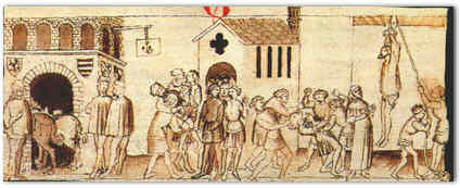 Martellino si finge storpio per simulare un miracolo ma, scoperto, viene fatto appendere a una fune da un giudice