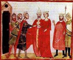 Nozze di Federico II e Iolanda/Isabella di Brienne (dalla "Cronica" illustrata di Giovanni Villani, ms Chigi L VIII.296 - Biblioteca Apostolica Vaticana)
