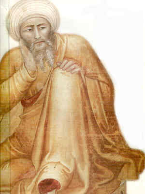 Il filosofo arabo Ibn Rushd (o Averro) nel particolare del "Trionfo di San Tommaso d'Aquino", affresco di ANDREA BONAIUTO, XIV secolo (Firenze, Cappellone degli Spagnoli nel convento di S. Maria Novella)