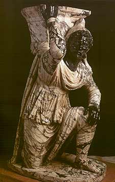 ARTE ROMANA, Barbaro inginocchiato, altezza cm 162,5, marmo pavonazzetto e nero antico, et augustea (Napoli, Museo Archeologico Nazionale)