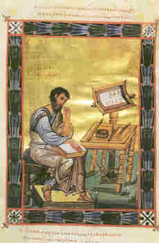 Evangelista, miniatura del Testravangelo-Coislin 195, secolo X (Paris, Bibliothèque Nationale)
