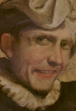 ANNIBALE CARRACCI, Giovane che ride (partic.), olio su carta foderata in tela, 1583-1584 (Roma, Galleria Borghese)