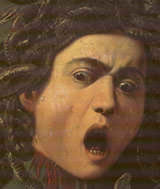 CARAVAGGIO, Testa di Medusa (partic.), olio su uno scudo rivestito di tela, 1591/92 o 1598/99 (Firenze, Galleria degli Uffizi)